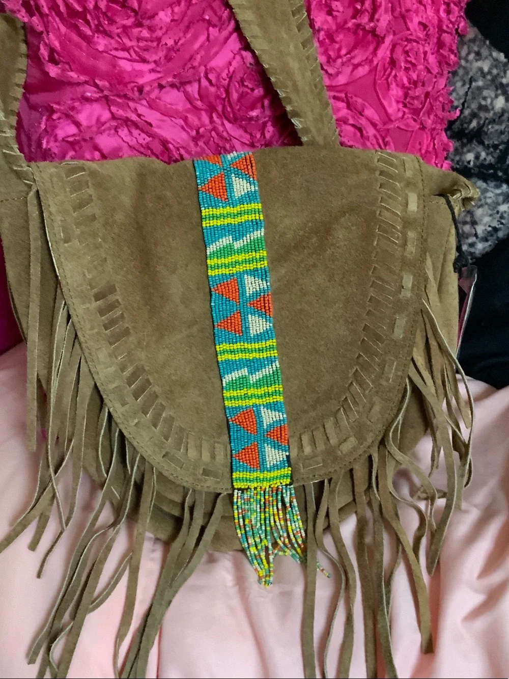 Brown Suede Fringe Crossbody Bag with Colorful Beaded Accent